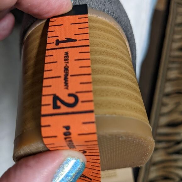 Grey Suede Boots Wide Calf w/ Braided Tassel Wood Stack Heel - Like New - Picture 11 of 12